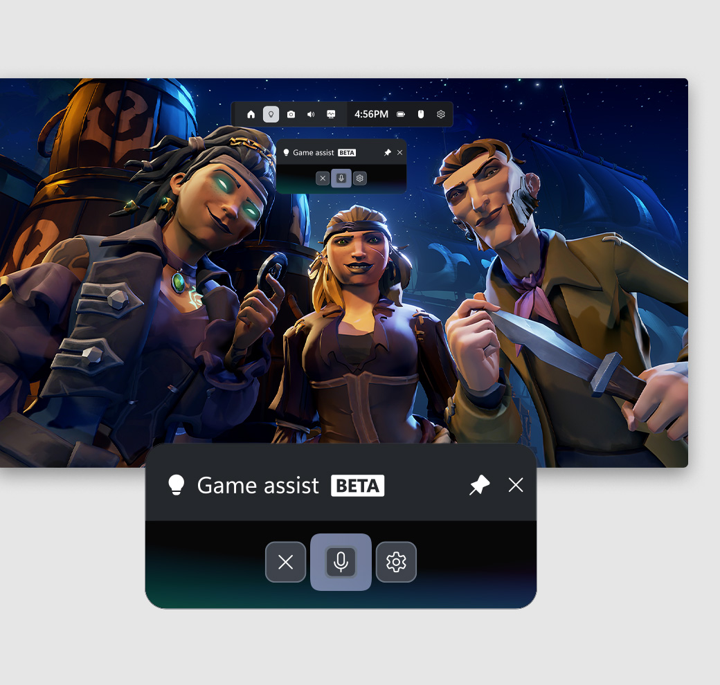 Um monitor de PC exibindo a arte principal de Sea of Thieves com um grupo de piratas e o assistente de jogo (beta) Sobreposição da Game Bar. 