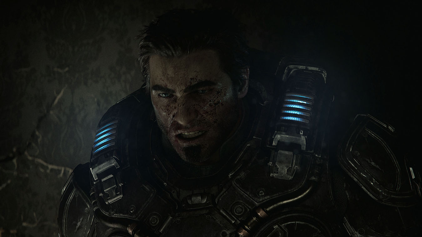 A bloodied, armored soldier stands in a ransacked grocery store during the Locust invasion in Gears of War: E-Day
